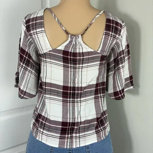 Copper Key womens top Sz L cold shoulder plaid short sleeve blouse boho - Picture 3 of 8